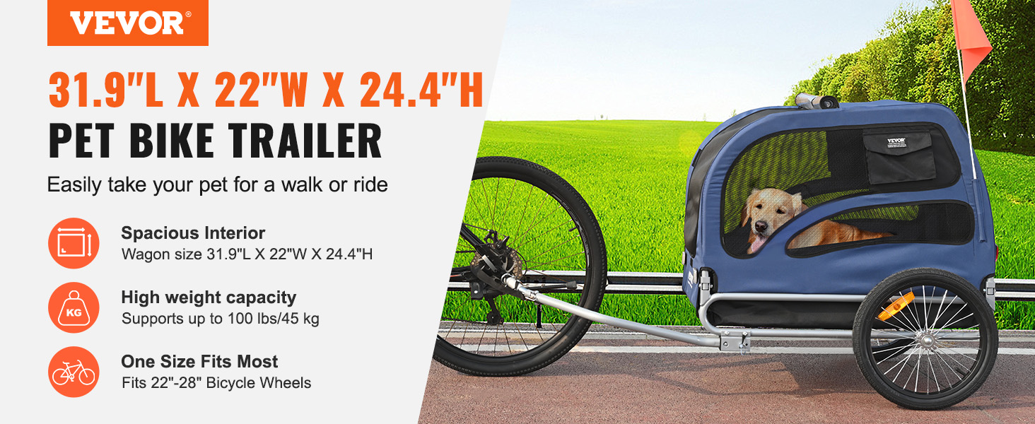 VEVOR dog bike trailer: spacious interior, high weight capacity, fits 22"-28" bicycle wheels.