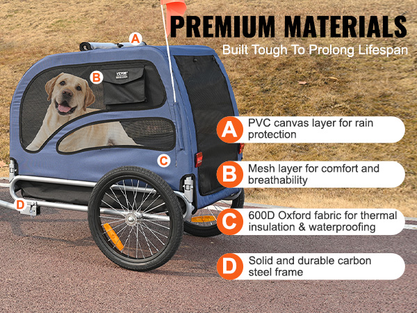 VEVOR dog bike trailer with blue pvc canvas, mesh windows, oxford fabric, and carbon steel frame.