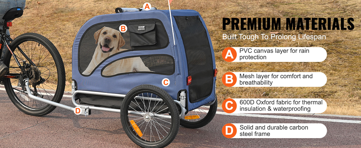 VEVOR dog bike trailer with blue pvc canvas, mesh windows, oxford fabric, and carbon steel frame.
