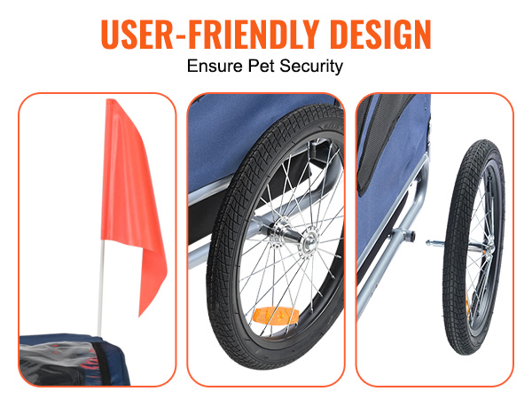 blue VEVOR dog bike trailer with safety flag, wheel reflector, and detachable wheels for pet security.
