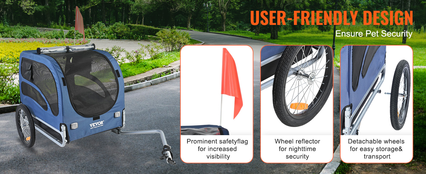 blue VEVOR dog bike trailer with safety flag, wheel reflector, and detachable wheels for pet security.