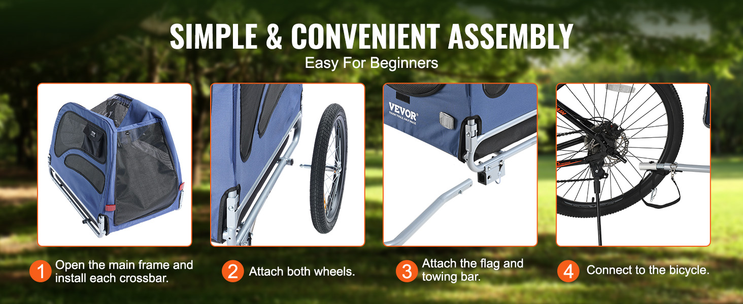 simple assembly guide for the blue VEVOR dog bike trailer with step-by-step instructions.