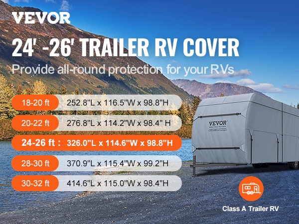 VEVOR rv cover for 24-26 ft trailers; 326.0"l x 114.6"w x 98.8"h; all-round protection in scenic setting.