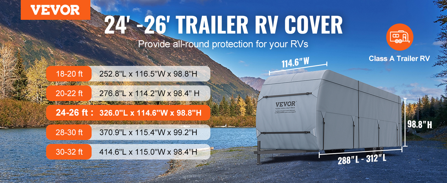 VEVOR rv cover for 24-26 ft trailers; 326.0"l x 114.6"w x 98.8"h; all-round protection in scenic setting.