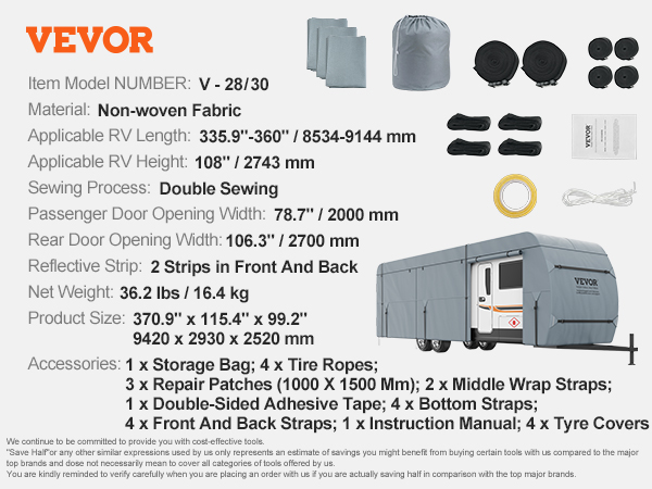 VEVOR rv cover with non-woven fabric, double sewing, reflective strips, and various accessories.