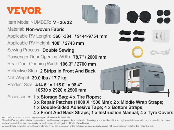 VEVOR rv cover with non-woven fabric, double sewing, repair patches, straps, tire covers, and ropes.