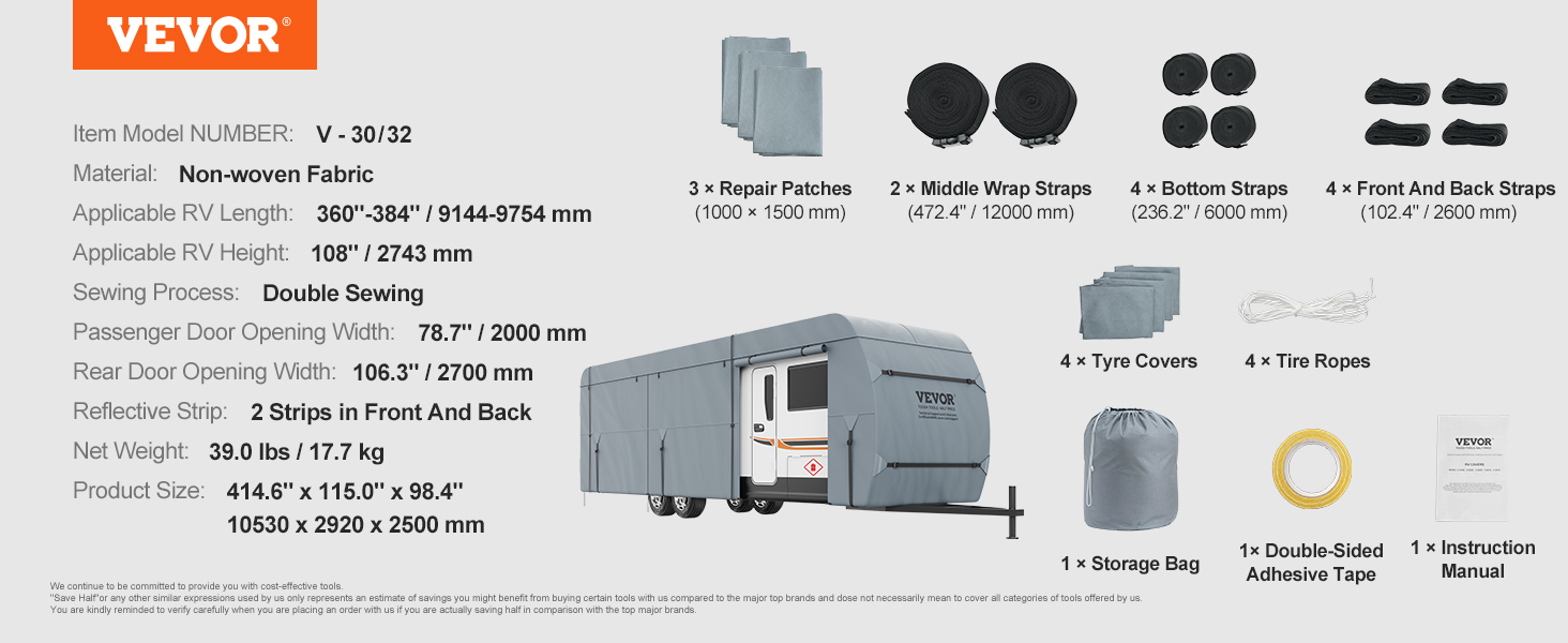 VEVOR rv cover with non-woven fabric, double sewing, repair patches, straps, tire covers, and ropes.