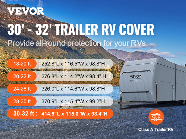 VEVOR rv cover for 30-32 ft trailer, all-round protection with dimensions and class a trailer icon.