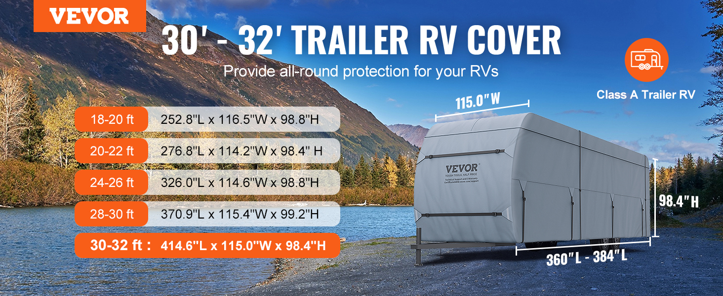 VEVOR rv cover for 30-32 ft trailer, all-round protection with dimensions and class a trailer icon.