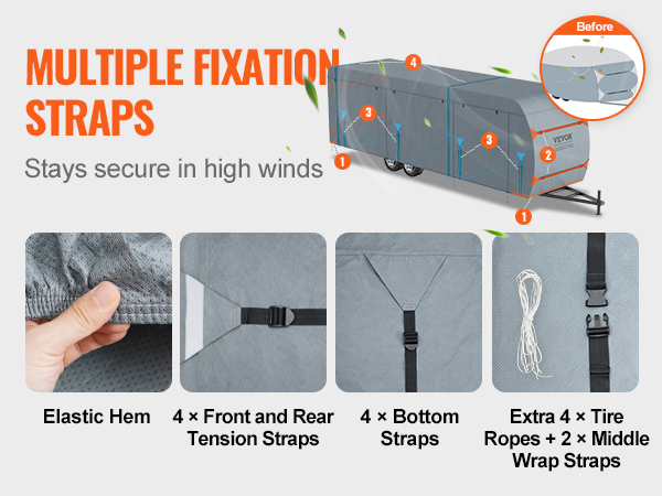 multiple fixation straps on a VEVOR rv cover offer secure coverage with elastic hem and tension straps.