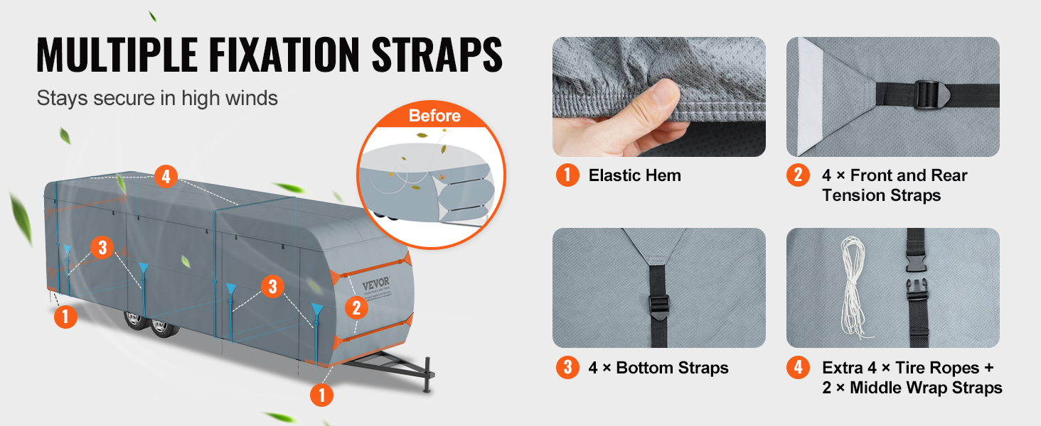 multiple fixation straps on a VEVOR rv cover offer secure coverage with elastic hem and tension straps.