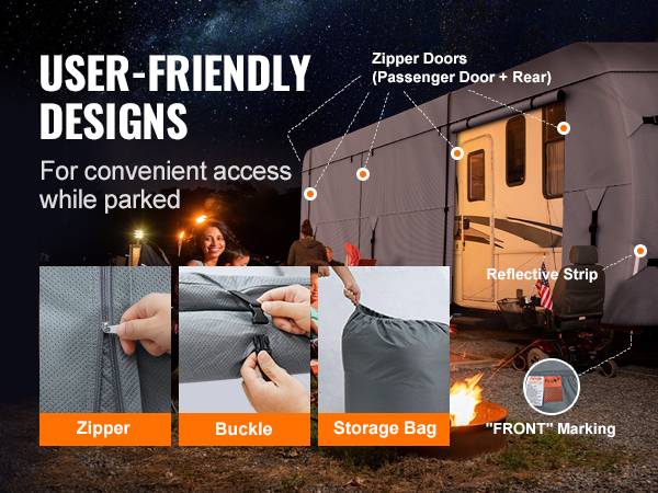 VEVOR rv cover features zipper doors, buckle, storage bag, reflective strips, and front marking for convenience.