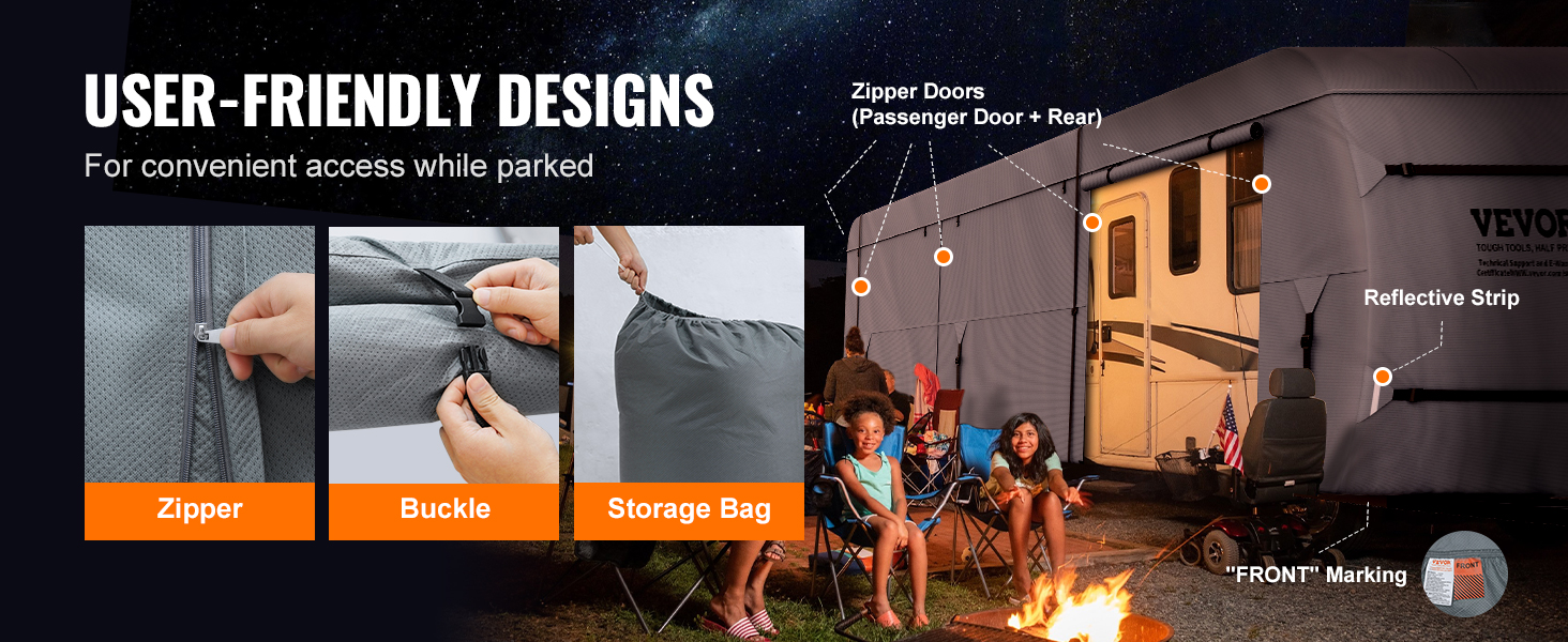 VEVOR rv cover features zipper doors, buckle, storage bag, reflective strips, and front marking for convenience.