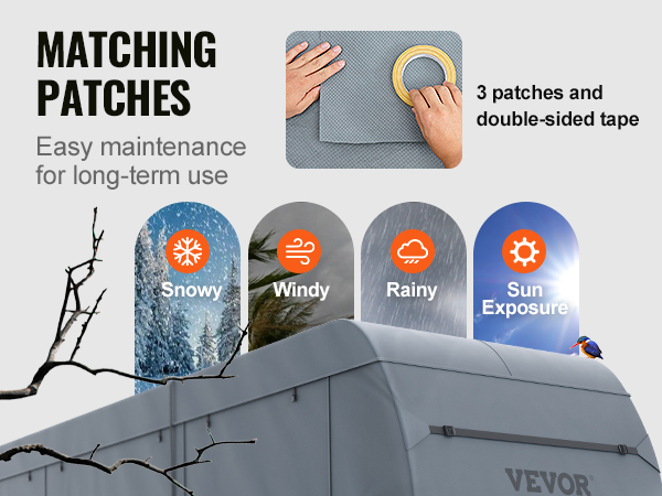 VEVOR rv cover with matching patches, ideal for snowy, windy, rainy, and sun exposure conditions.