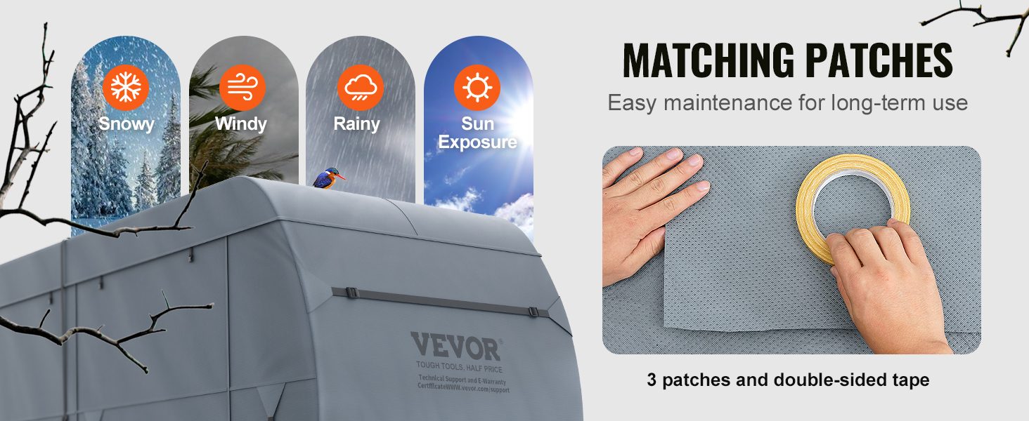 VEVOR rv cover with matching patches, ideal for snowy, windy, rainy, and sun exposure conditions.