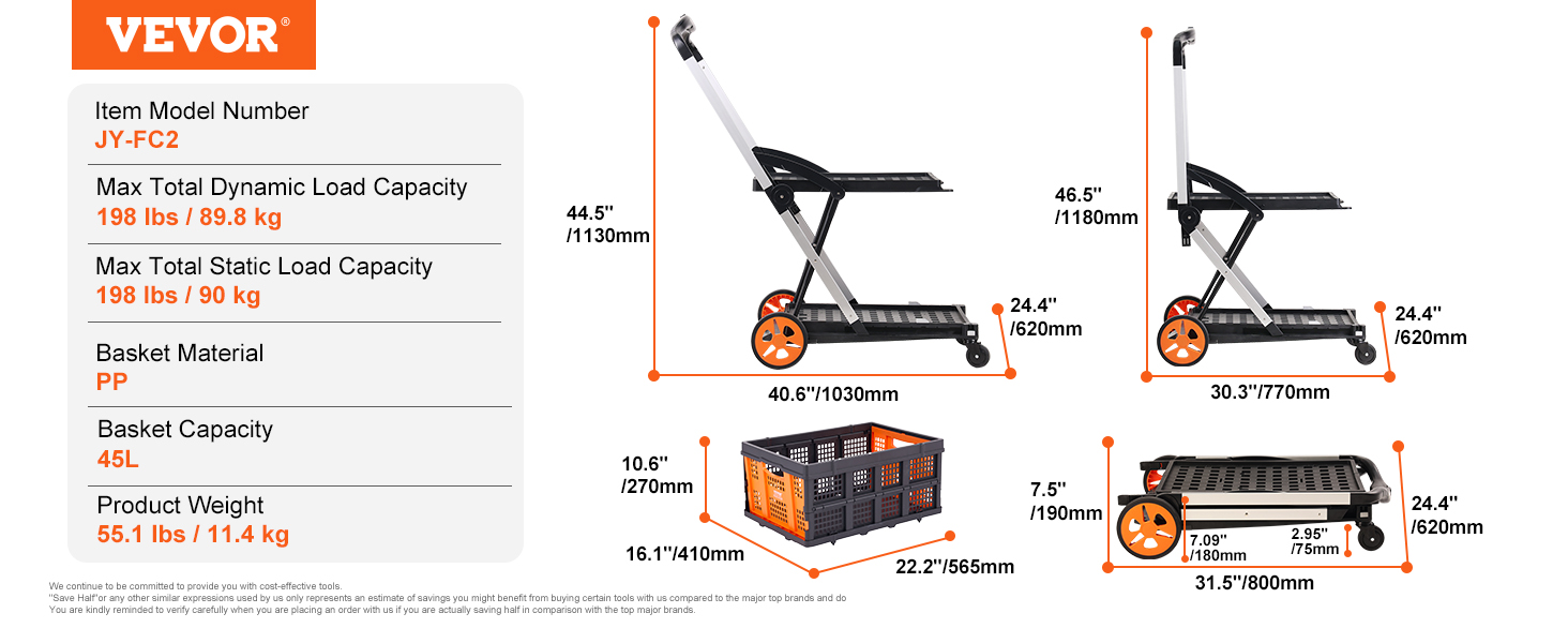 VEVOR collapsible cart jy-fc2, 198 lbs load, pp basket 45l, dimensions 44.5"x24.4"x40.6".
