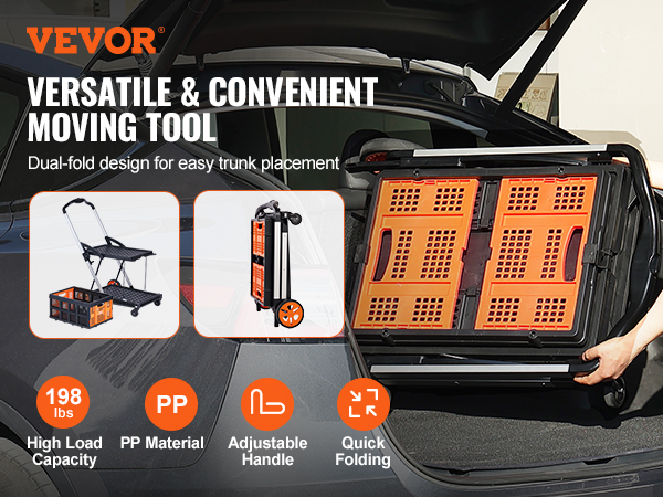 VEVOR collapsible cart with adjustable handle and quick folding, shown in a car trunk.