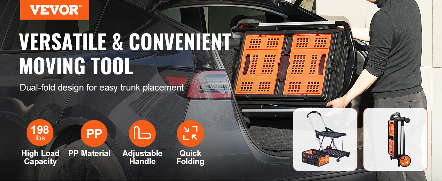 VEVOR collapsible cart with adjustable handle and quick folding, shown in a car trunk.