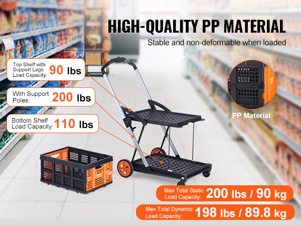 VEVOR collapsible cart in a supermarket aisle with load capacities for each shelf highlighted.