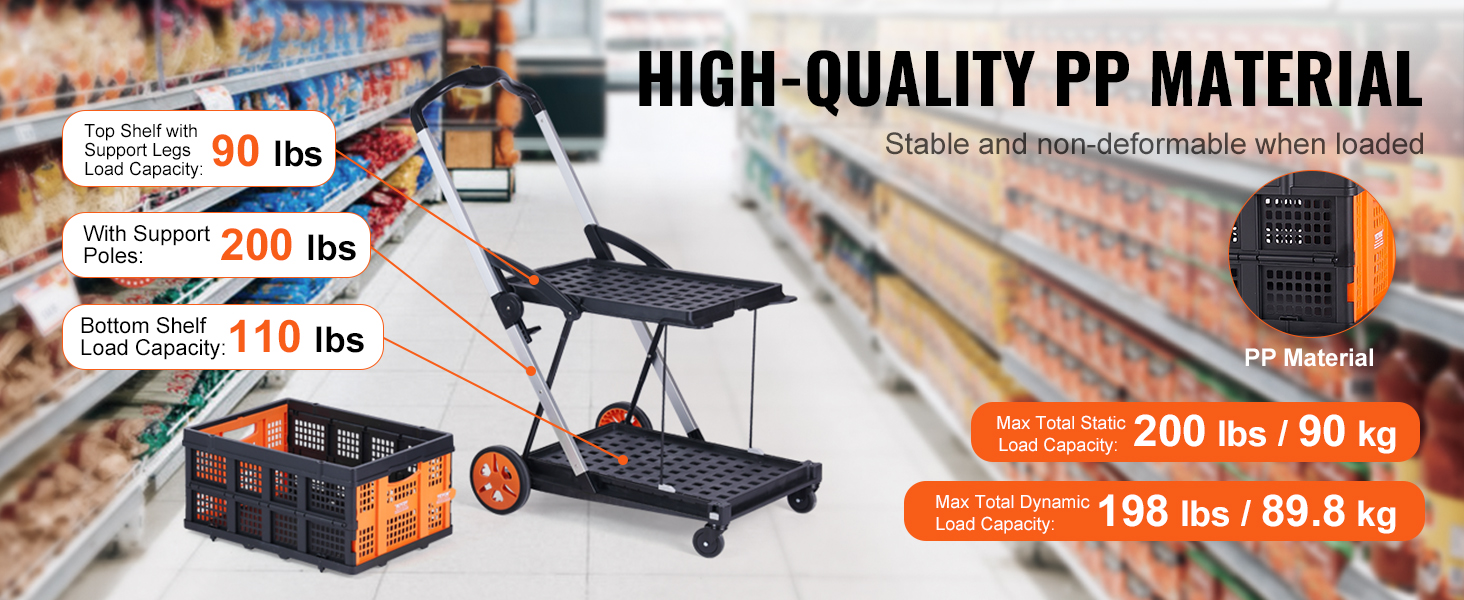 VEVOR collapsible cart in a supermarket aisle with load capacities for each shelf highlighted.
