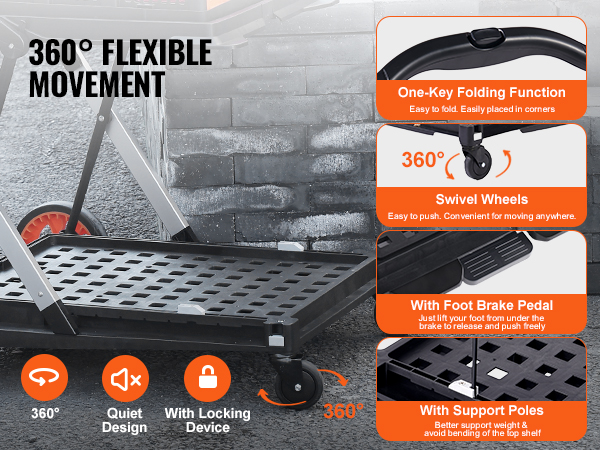 VEVOR collapsible cart with 360° flexible movement, one-key folding, swivel wheels, foot brake, and support poles.