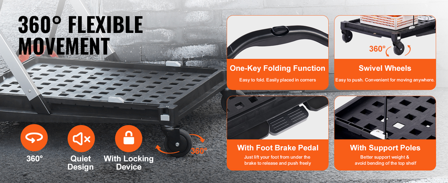 VEVOR collapsible cart with 360° flexible movement, one-key folding, swivel wheels, foot brake, and support poles.