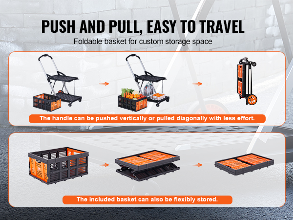 VEVOR collapsible cart with foldable basket, push/pull handle, and flexible storage solutions.