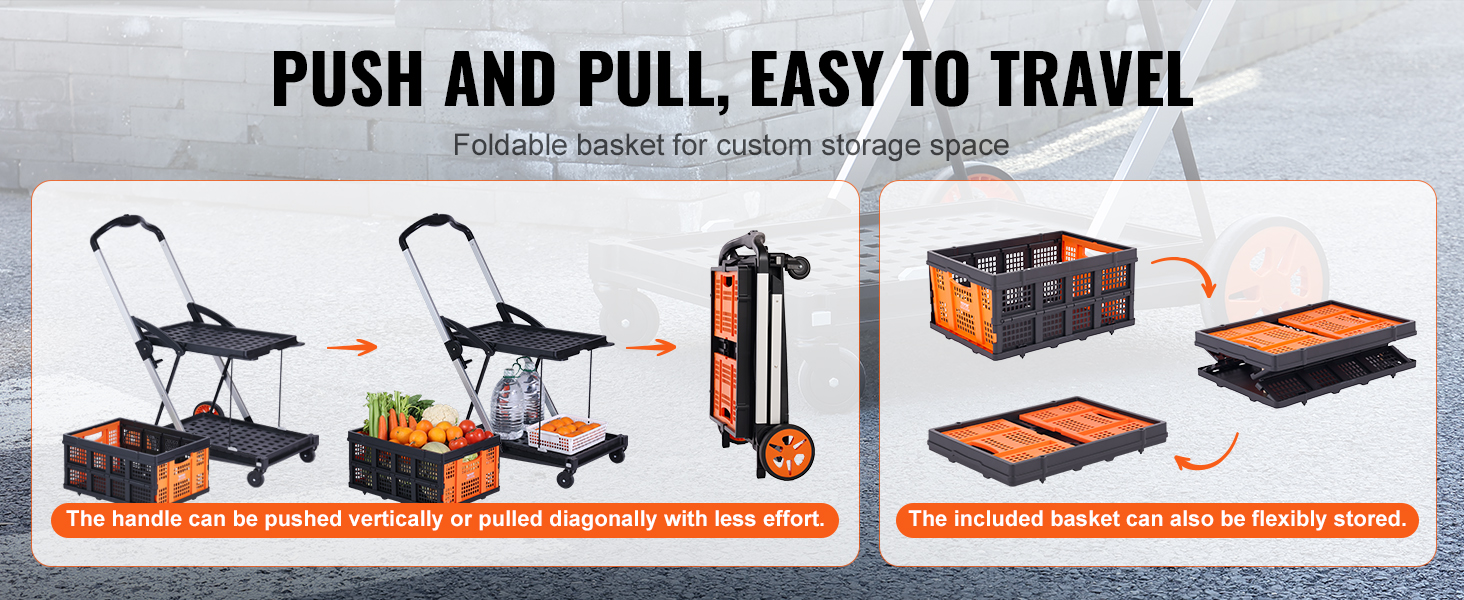 VEVOR collapsible cart with foldable basket, push/pull handle, and flexible storage solutions.