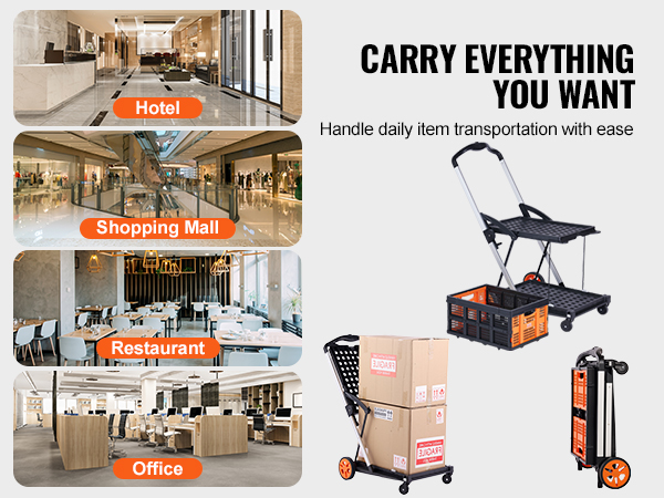 VEVOR collapsible cart for hotel, shopping mall, restaurant, and office item transportation.