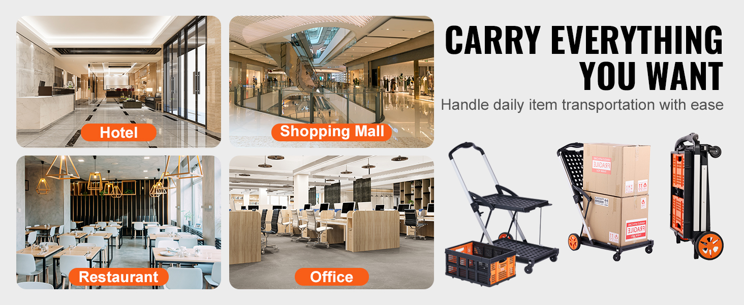 VEVOR collapsible cart for hotel, shopping mall, restaurant, and office item transportation.