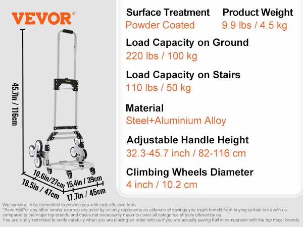 VEVOR stair climbing cart - 220 lbs ground, 110 lbs stair, steel+aluminum, adjustable handle, 4 in wheels.