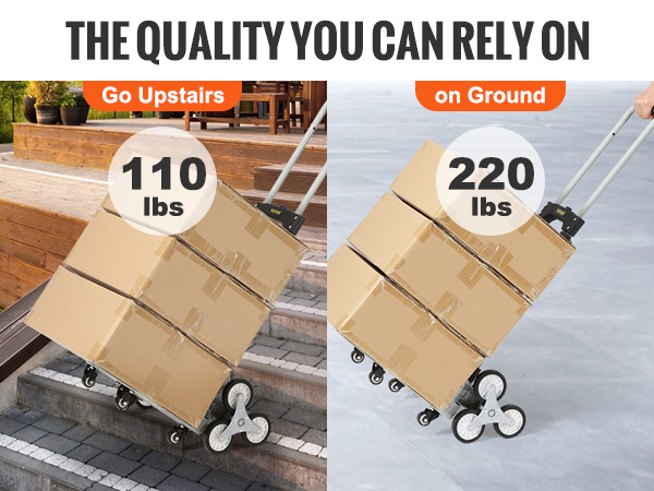 VEVOR stair climbing cart carrying boxes upstairs and on the ground with weight capacities.