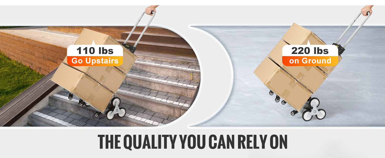 VEVOR stair climbing cart carrying boxes upstairs and on the ground with weight capacities.