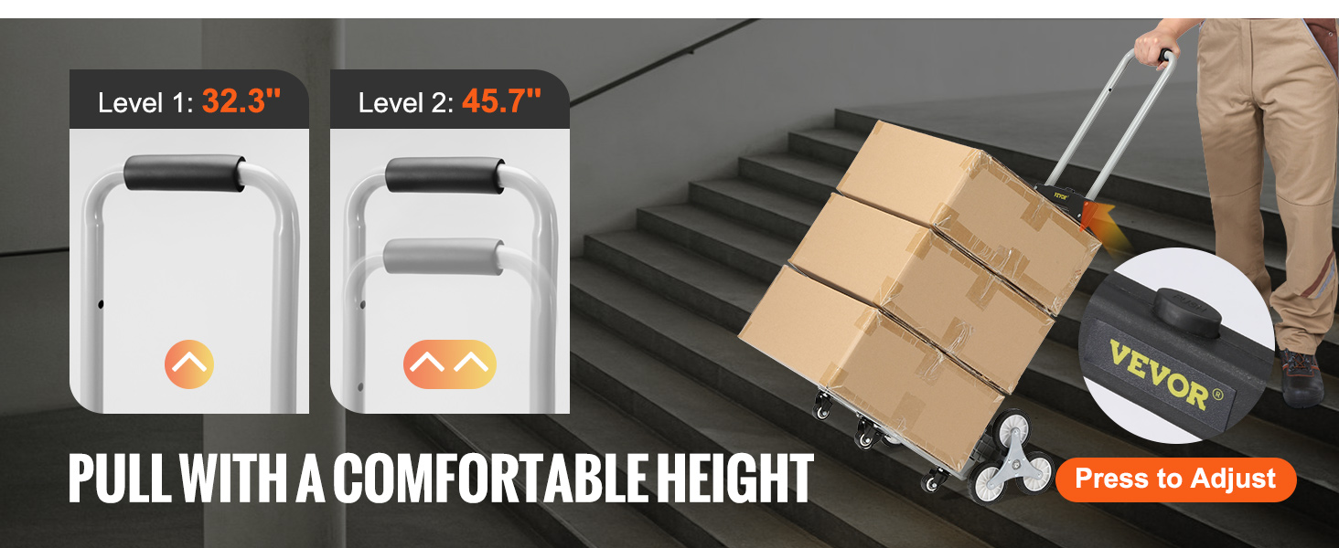 VEVOR stair climbing cart with adjustable handle heights of 32.3