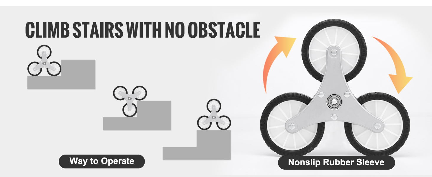 VEVOR stair climbing cart showcasing its triple-wheel design for easy stair navigation and nonslip rubber sleeve.