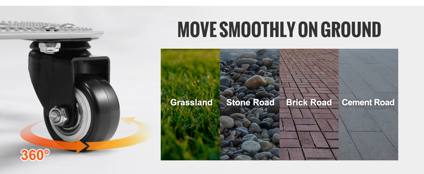 VEVOR stair climbing cart wheels for smooth movement on grassland, stone road, brick road, and cement road.