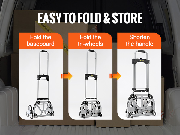 VEVOR stair climbing cart in a van, with steps to fold the baseboard, tri-wheels, and shorten the handle.