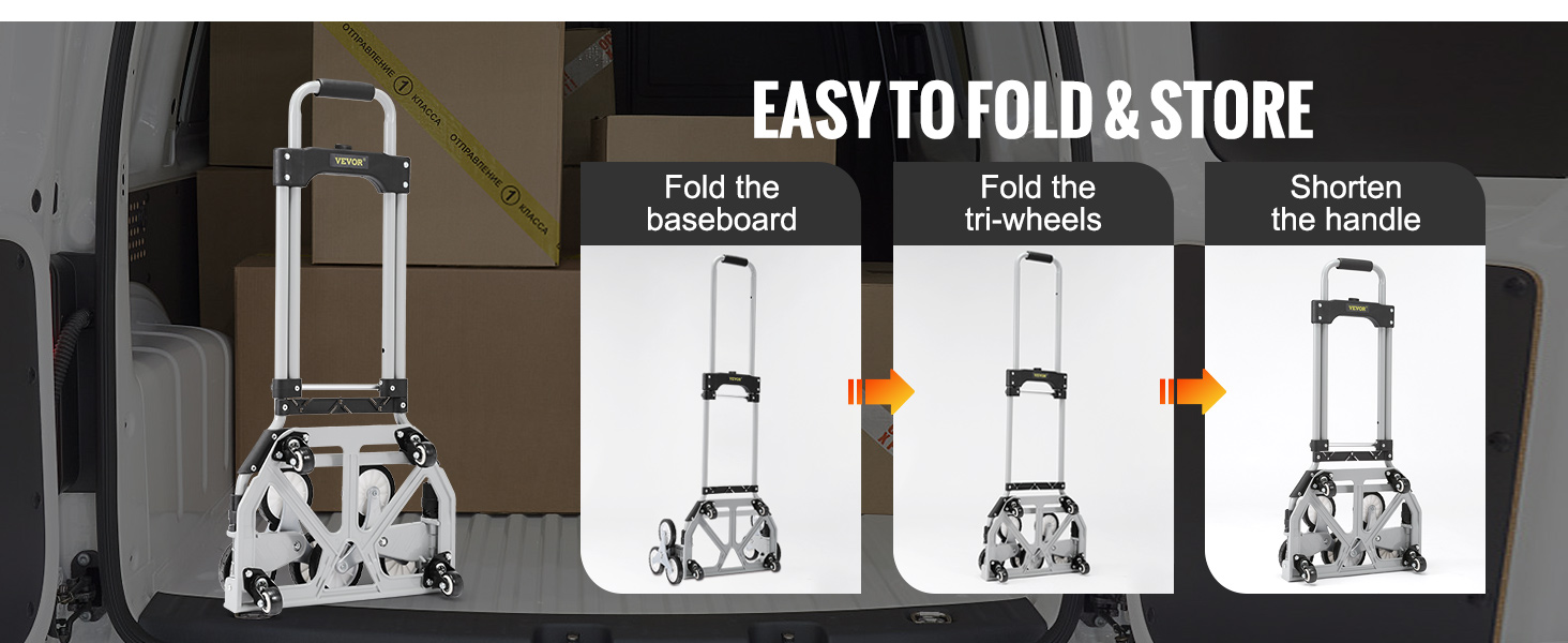 VEVOR stair climbing cart in a van, with steps to fold the baseboard, tri-wheels, and shorten the handle.