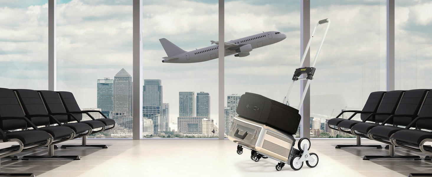 VEVOR stair climbing cart in airport terminal with seats and airplane taking off outside windows.
