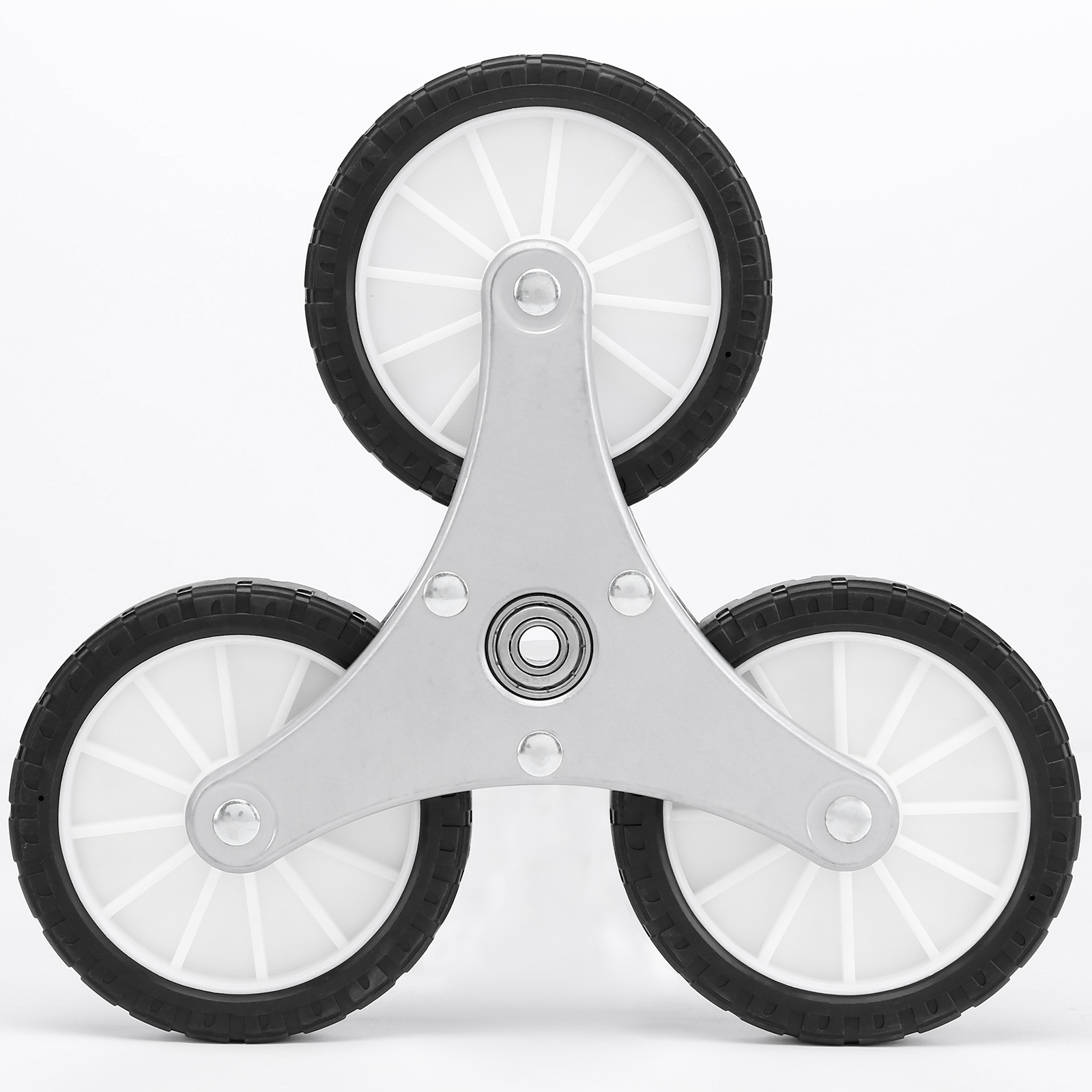 VEVOR stair climbing cart tri-wheel design showcasing sturdy black tires with white spokes.