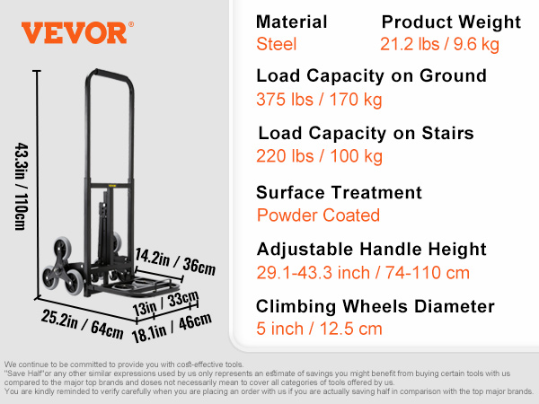 VEVOR stair climbing hand truck, 375 lbs ground load capacity, adjustable handle, steel frame, tri-wheel design.