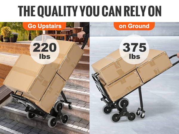 VEVOR stair climbing hand truck demonstrating 220 lbs capacity upstairs and 375 lbs on the ground.