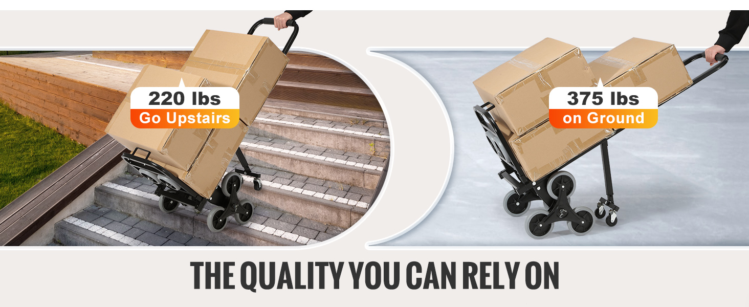 VEVOR stair climbing hand truck demonstrating 220 lbs capacity upstairs and 375 lbs on the ground.