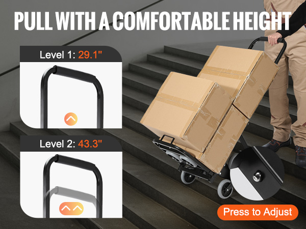 VEVOR stair climbing hand truck with adjustable height handle, carrying boxes up stairs easily.