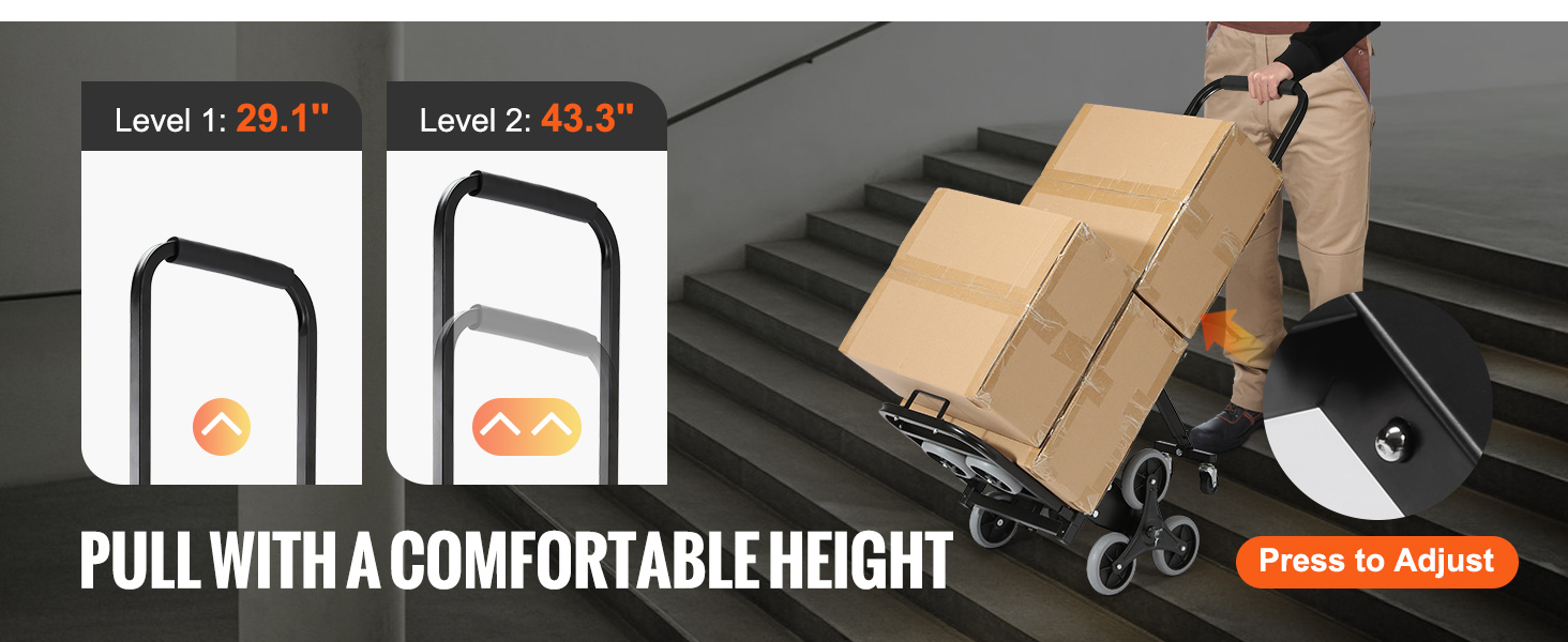 VEVOR stair climbing hand truck with adjustable height handle, carrying boxes up stairs easily.