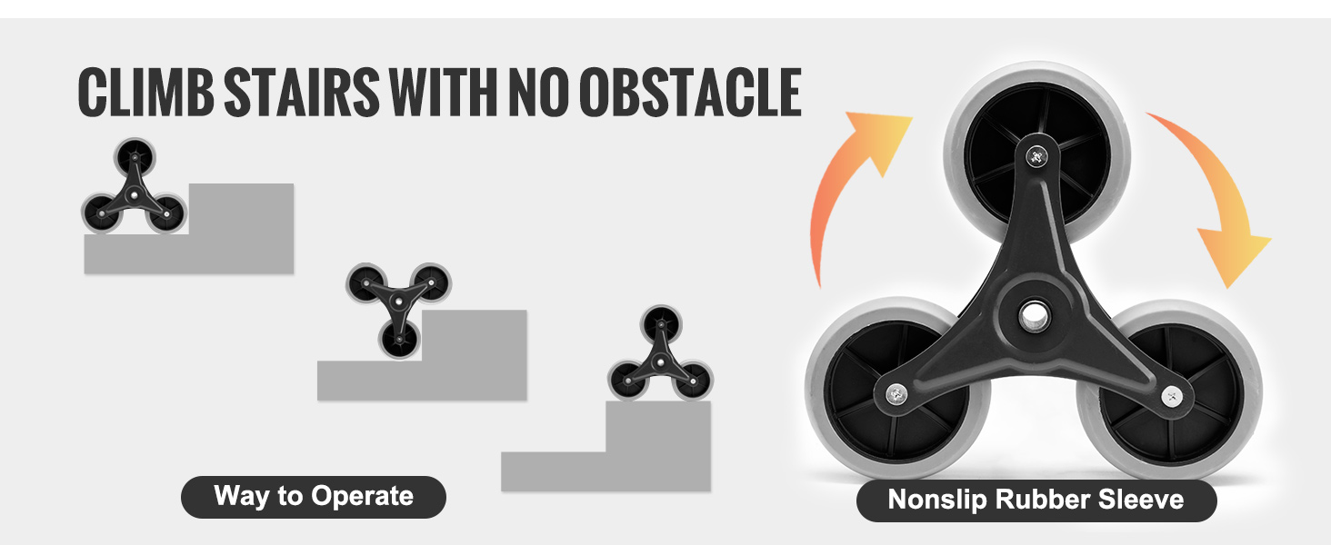 VEVOR stair climbing hand truck with nonslip rubber sleeve and three-wheel mechanism for easy stair navigation.