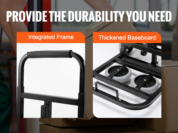 integrated frame and thickened baseboard of VEVOR stair climbing hand truck for durability.
