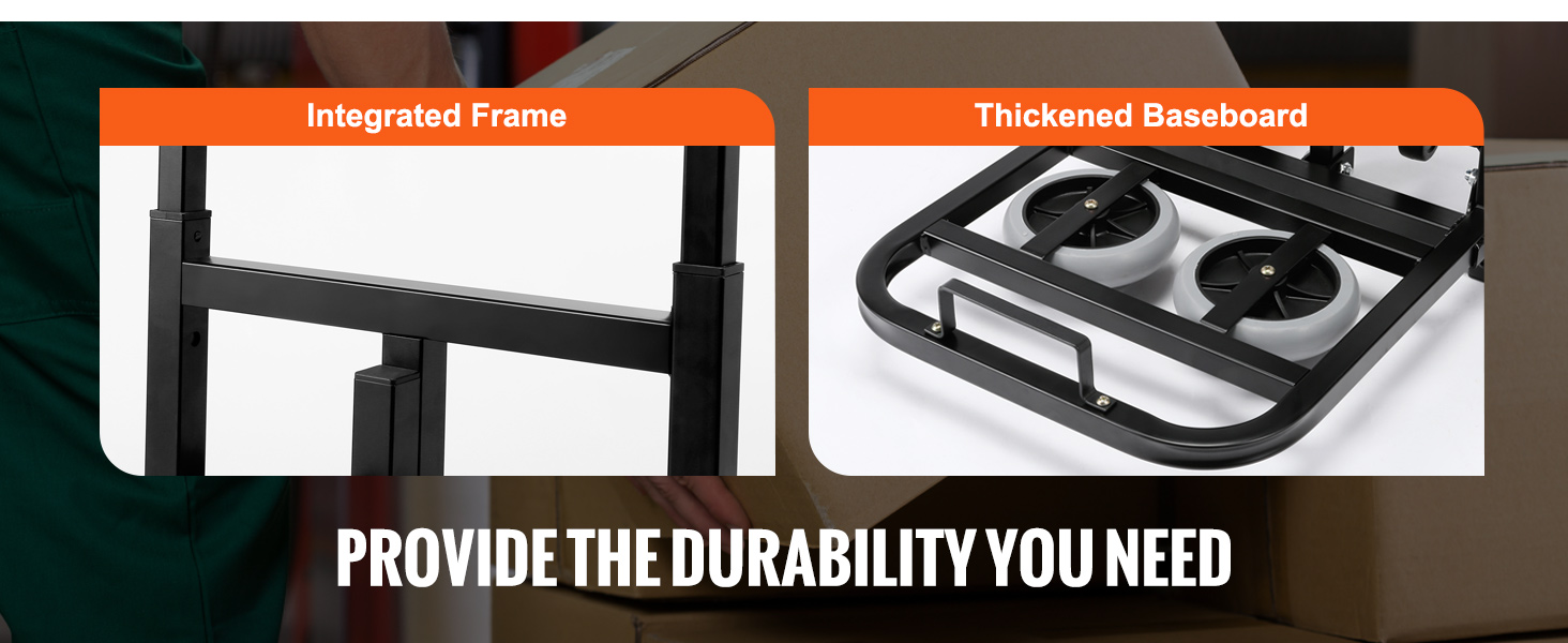 integrated frame and thickened baseboard of VEVOR stair climbing hand truck for durability.