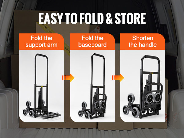 VEVOR stair climbing hand truck in a van, showcases how to fold the support arm, baseboard, and handle.