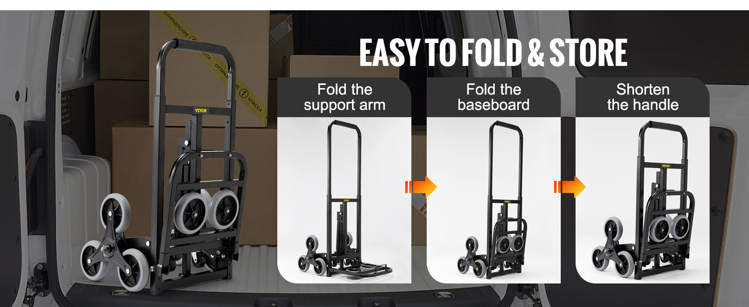 VEVOR stair climbing hand truck in a van, showcases how to fold the support arm, baseboard, and handle.